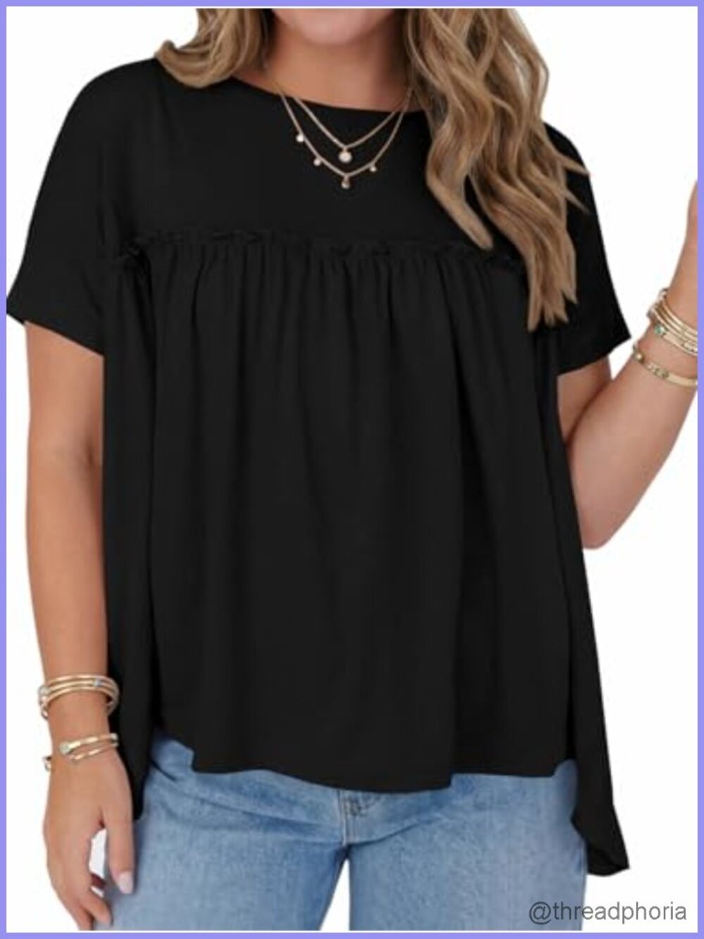 Plus Size Babydoll Tunic Top Short Sleeve Peplum Shirt Loose Fit Crew Neck